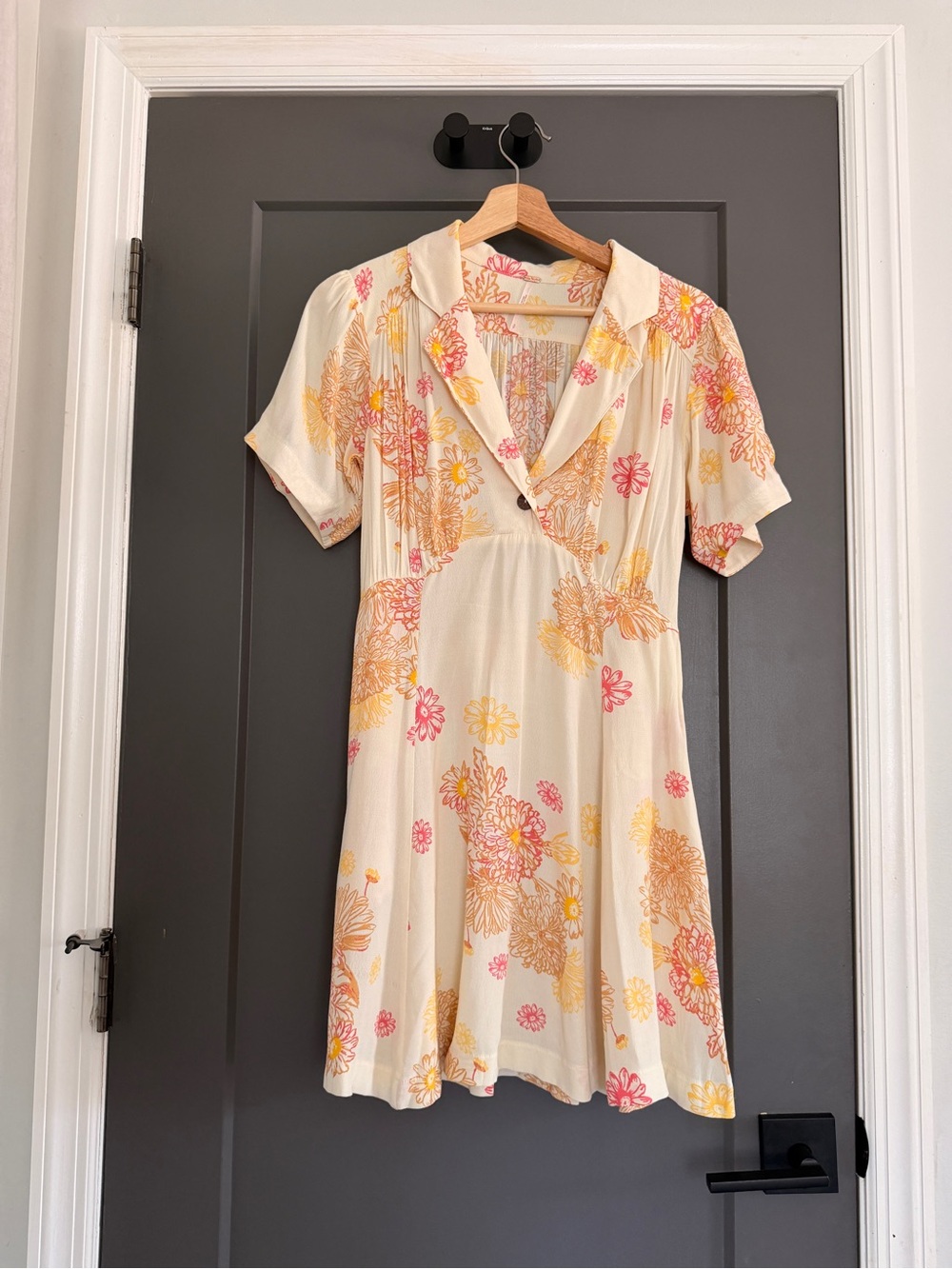 Free People Cream Floral Short Mini Dress with Pink & Yellow Blooms